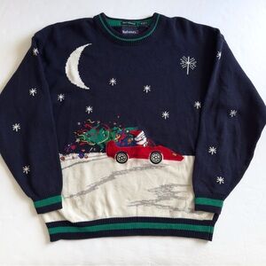 Vintage 90s Hathaway Christmas Sweater Mens XL Santa Hand Intarsia Cotton Knit